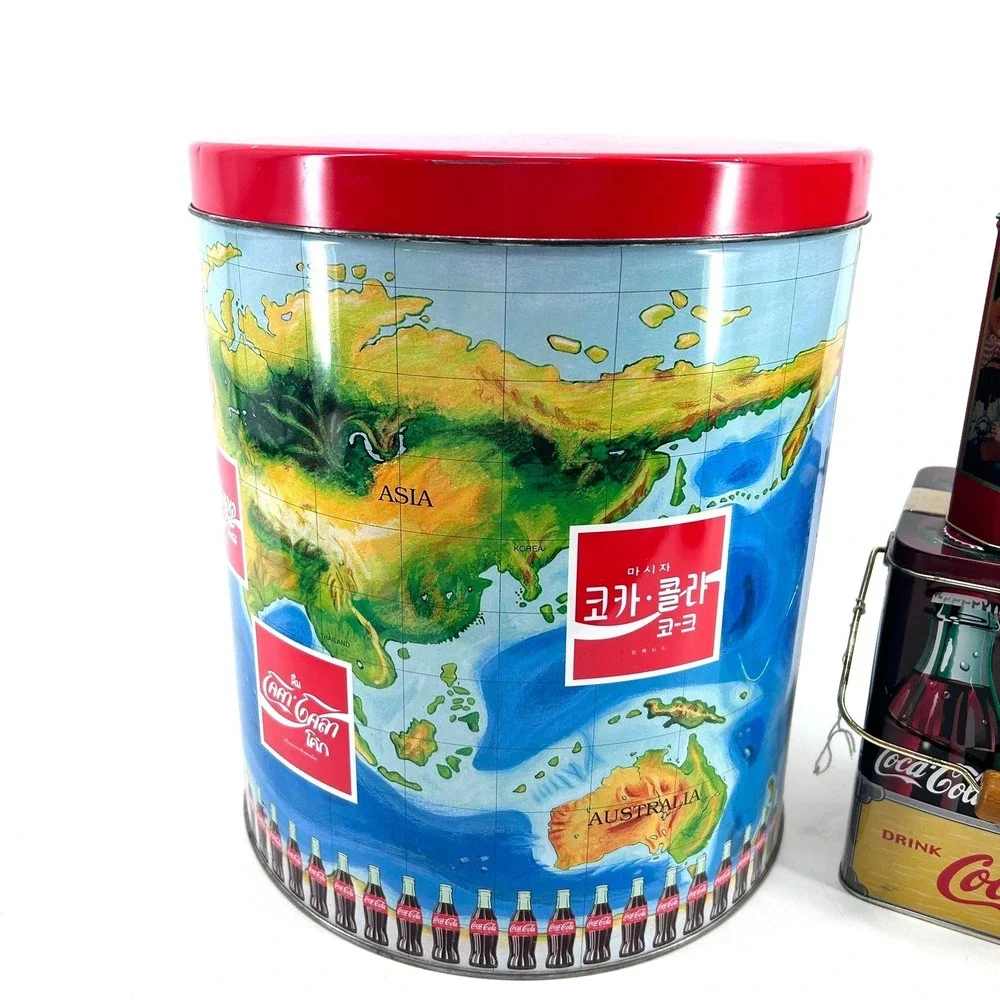 Vintage Coca-Cola Collectible Tin Lot World Map Carrier Tray Lunch Box 5pc Set